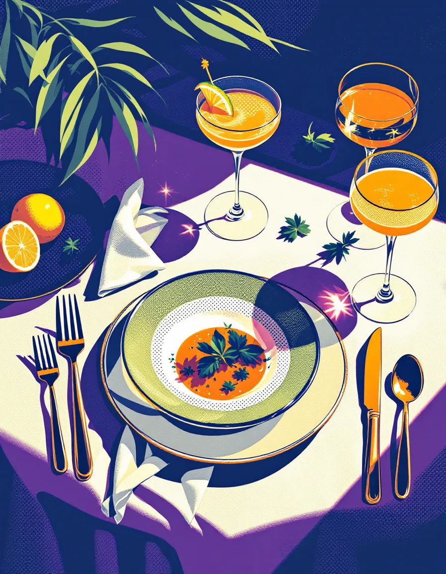Pop-art screenprint of a styled restaurant tabletop with plated dish and cocktail